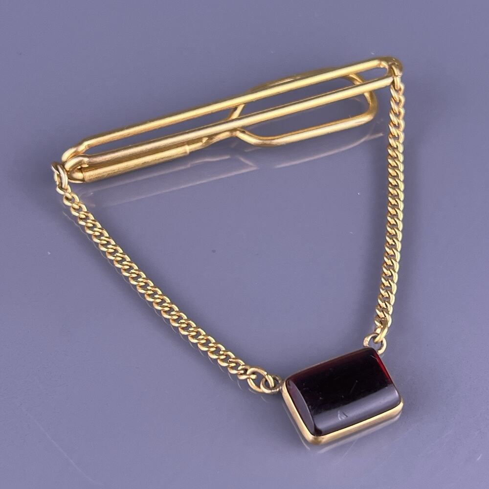Red Acrylic Chain Tie Clip Bar Gold Plated Square 2" Wide Swank Vintage